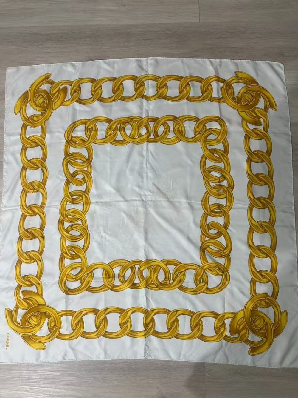 CHANEL Vintage Silk 100% Scarf Gold Chian Motif Beige Gold